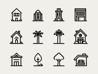 Minimalist Vector Icon Set of Houses and Trees in Modern Line Style for Urban and Nature Themes