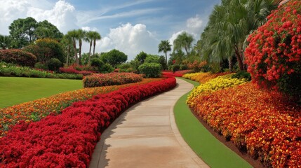 Fototapeta premium Vibrant Landscape of Colorful Flower Beds and Curved Pathway in Lush Garden with Greenery Surrounding Under Bright Blue Sky