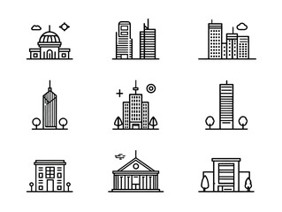 Vector Cityscape Icons Collection of Modern Building Silhouettes with Skyscrapers and Landmark Structures
