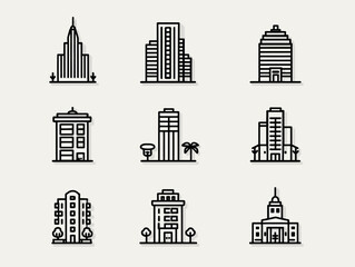 Vector Icon Set of Modern City Buildings in Minimalist Line Style with Black and White Colors