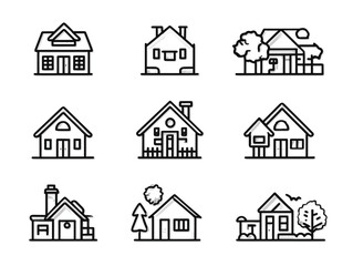 Vector Icon Set of House Illustrations in Minimalist Line Style for Residential and Real Estate Design