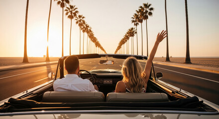 Happy couple driving in a vintage convertible along the beach at sunset, enjoying summer freedom.