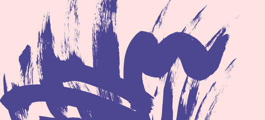 Abstract expressive curve ultramarine blue squiggle brush strokes on pink background. Grunge artistic purple wavy and sumi-e scribble paintbrush splash texture for trendy banner, poster design