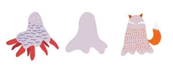 Cute childish hand drawn Halloween Party animal ghosts characters. Autumn spooky holiday fox, octopus ghost dressing for greeting cards design, stickers, kids banners decor