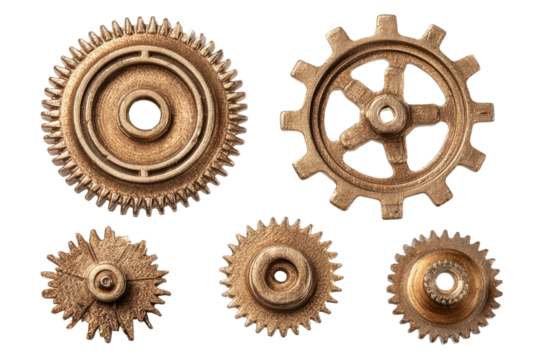 Close-up of several intricate gears, light beige/brown color, arranged in a composition