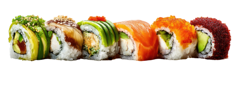 Assorted sushi rolls. Colorful array of sushi rolls, featuring various fillings and toppings. Different colors and textures. A display of Asian cuisine