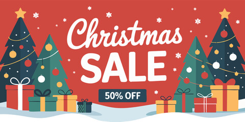 Holiday sale graphic Christmas trees snow presents and sale text on a red background