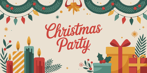 Holiday scene with Christmas Party text garland gifts  candles