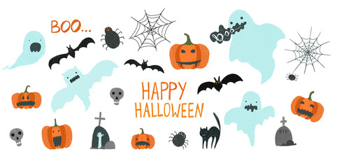 Cute crayon pencils drawing Halloween Party elements. Big set of cartoon ghosts, pumpkins, skulls, bats, spiders, cat for greeting cards design, stickers, banners decor, holiday flyer