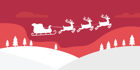 White silhouette of Santas sleigh pulled by three reindeer flies over snowy hills and trees against a layered red sky