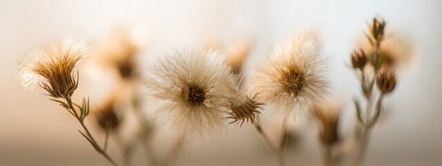 Obraz premium Beige neutral color dried fluffy tiny romantic flowers horizontal branches with seeds and light fluff macro