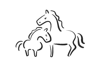 目を閉じて寄り添う馬の親子のモノクロイラスト　墨絵　2026