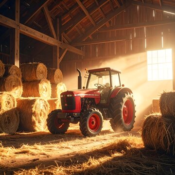 Tractor rojo en un granero iluminado por la luz del amanecer entre pacas de heno