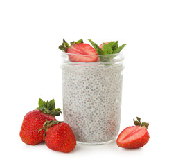 Glass of tasty chia seed pudding with mint leaves and strawberries on white background