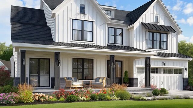 Slow Dolly Forward Camera Movement of Beautiful Farmhouse with Lush Landscaping. Generative AI.