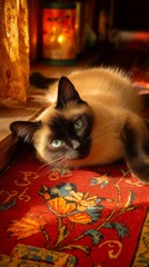 A Graceful Siamese Cat Relaxing on a Colorful Persian Rug Bathed in Warm, Golden Sunlight, Capturing Moments of Tranquility and Beauty in a Cozy Setting