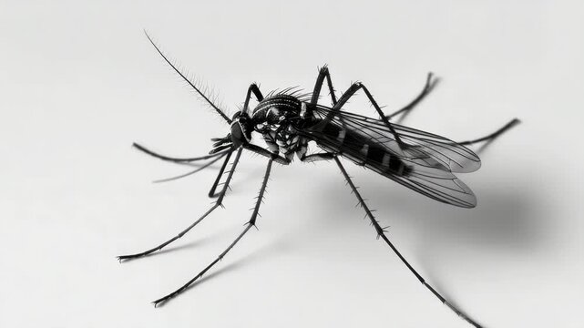 A single mosquito with its wings extended, sitting on a surface. The insect is captured in detail against a neutral background.