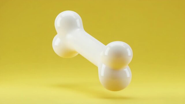 A glossy white dog bone on a bright yellow background
