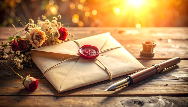 Carta sellada con cera roja y pluma sobre mesa de madera iluminada por luz c&aacute;lida al atardecer