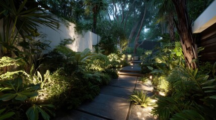 Serene Garden Pathway Illuminated by Soft Lights Surrounded by Lush Green Foliage in a Tranquil Outdoor Space
