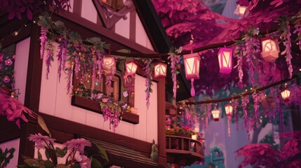 Obraz premium Enchanted Cottage with Wisteria and Lanterns Surrounded by Lush Pink Trees in a Magical Forest Setting