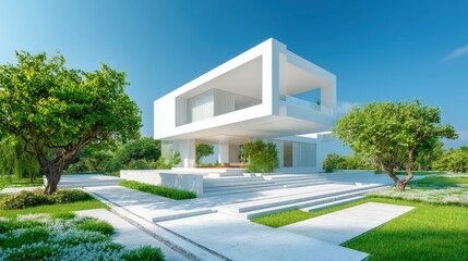 Fototapeta premium Modern Architectural Design of a Minimalist House Surrounded by Greenery and Open Space Under a Clear Blue Sky