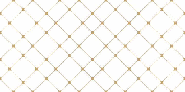 Golden minimalist vector seamless pattern with thin lines, nodes. Gold and white abstract lattice, grid, mesh, net. Luxury minimal background texture. Simple repeating design for decor, print, cover