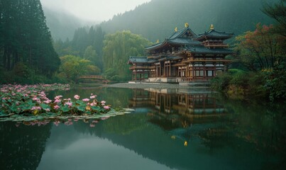 Naklejka premium Serene Temple Reflection on Tranquil Lake Amidst Lush Greenery.