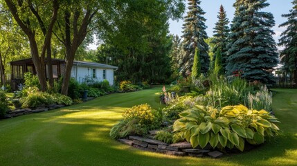 Obraz premium Beautifully Landscaped Garden with Lush Green Grass, Colorful Flowers, and Towering Evergreen Trees in a Serene Outdoor Setting