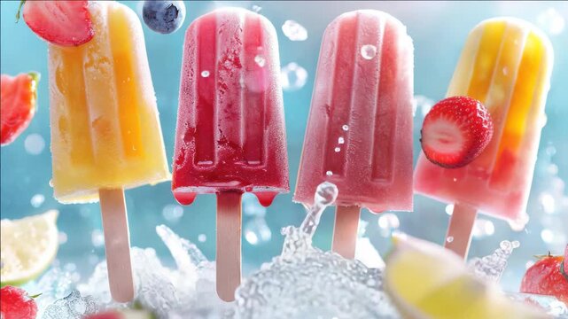 A refreshing selection of colorful fruit-flavored popsicles surrounded by a burst of icy bubbles.