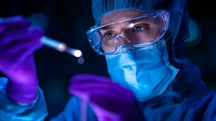 Woman scientist in protective gear observing liquid sample in test tube, performing medical research procedure in laboratory, footage. - Powered by Adobe