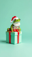 Funny frog in Santa hat sitting on Christmas gift box