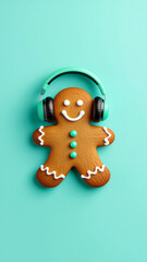 Gingerbread man with headphones on turquoise background