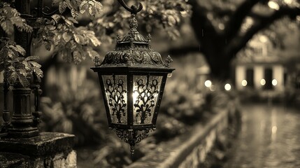 Decorative lantern illuminating a charming pathway lined with autumn leaves in a tranquil garden setting