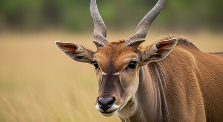 Fototapeta premium Eland antelope grazing in the savanna, showing its elegant horns and tan coat. Africa’s largest antelope symbolizing grace, strength, and wilderness.
