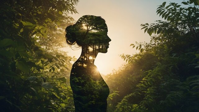 Doble exposici&oacute;n de mujer y naturaleza al amanecer, s&iacute;mbolo de conexi&oacute;n interior y armon&iacute;a con la tierra