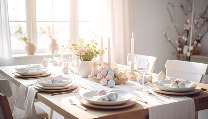 Mesa elegante decorada para Pascua con huevos de colores suaves y flores primaverales bajo luz natural