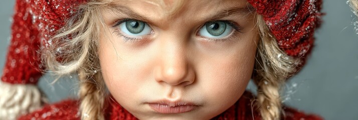 Serious young child in a winter hat with braids staring intensely at the camera during holiday season