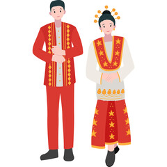 Indonesian Couple Wearing Traditional Red and Gold Attire With Intricate Patterns Standing Together in a Studio Setting