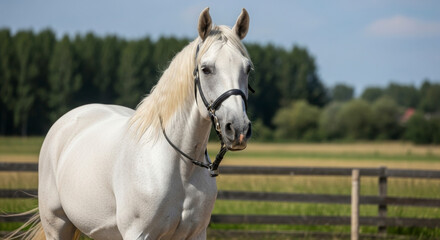 Naklejka premium Majestic White Horse Standing Proudly in a Sunny Field