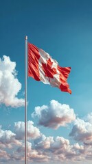 Canadian flag waving proudly against a vibrant blue sky filled with fluffy clouds