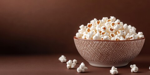 Delicious popcorn in a decorative bowl displayed against a brown background for a cozy snack appeal