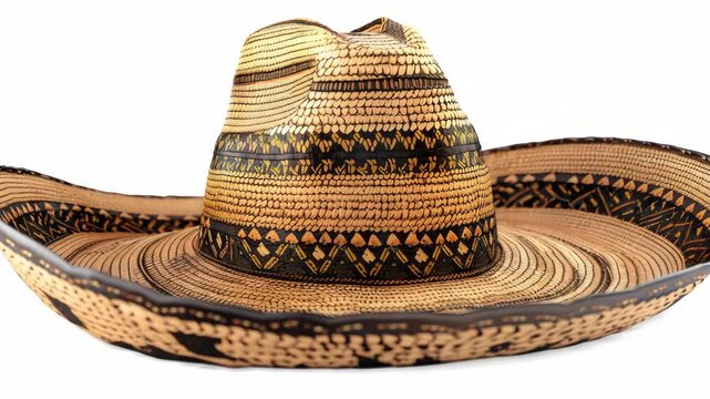 A vibrant and authentic handcrafted cowboy hat made from natural fibers, featuring a wide brim and decorative patterns throughout. Perfect for sunny days and country charm.