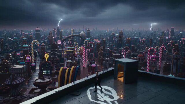 The elevator bursts open onto a rooftop overlooking a massive dystopian candy city under a thunderstorm. A man with short blond hair, wearing a black suit, steps into the wind. Lightning flashes, choc