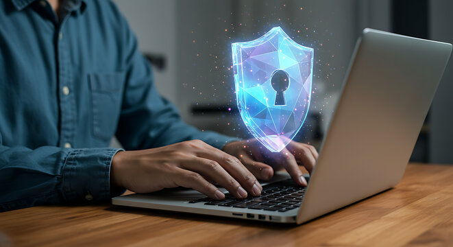 Person typing on laptop with digital shield hologram