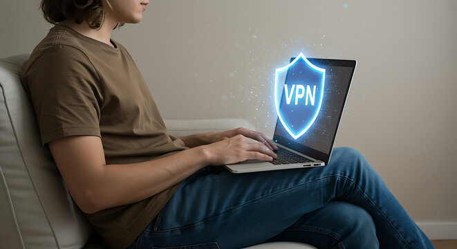 Person browsing securely with VPN icon glowing on screen
