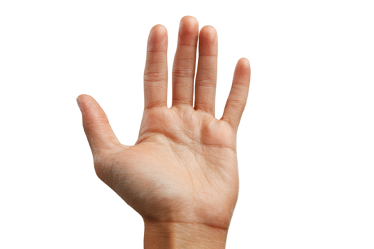 A light-skinned hand, palm facing forward, is raised in a stop or high five gesture.  The hand is in sharp focus against a black background