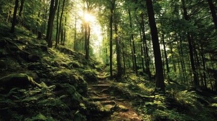 Fototapeta premium Sunlight Filters Through Trees in Lush Green Forest Path Surrounded by Nature with Mossy Rocks and Foliage Filling the Scenic Landscape
