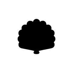 Peacock with folded tail, solid black silhouette. Vector illustration logo, icon, symbol, design sign, character on white background.