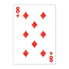 Eight of diamonds. Playing card with golden elements. Casino icons. Pictograms representing different suits. Vector illustration. Flat design for modern visual elements.